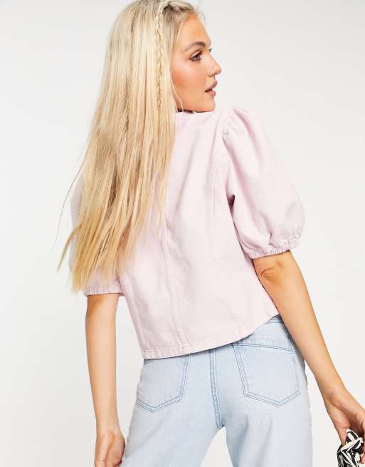 Pieces – Liliowy jeansowy top bawełniany z bufkami – PURPLE, 2 z 4