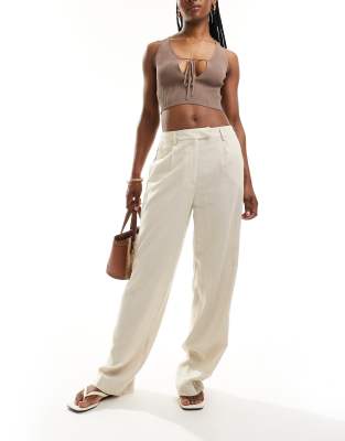 linen blend high waisted wide leg pants in cream-White