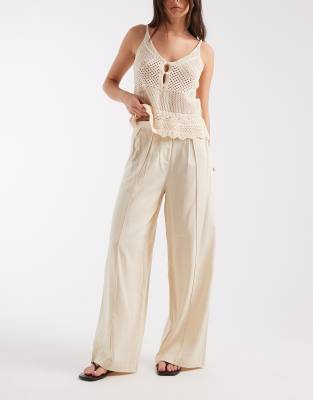 PIECES linen blend wide leg pleat front pants in cream birch 15690₽
