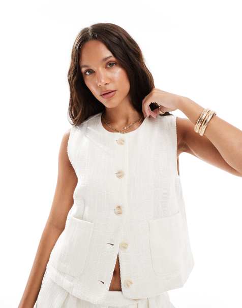 Pieces linen look cropped waistcoat co-ord in cream