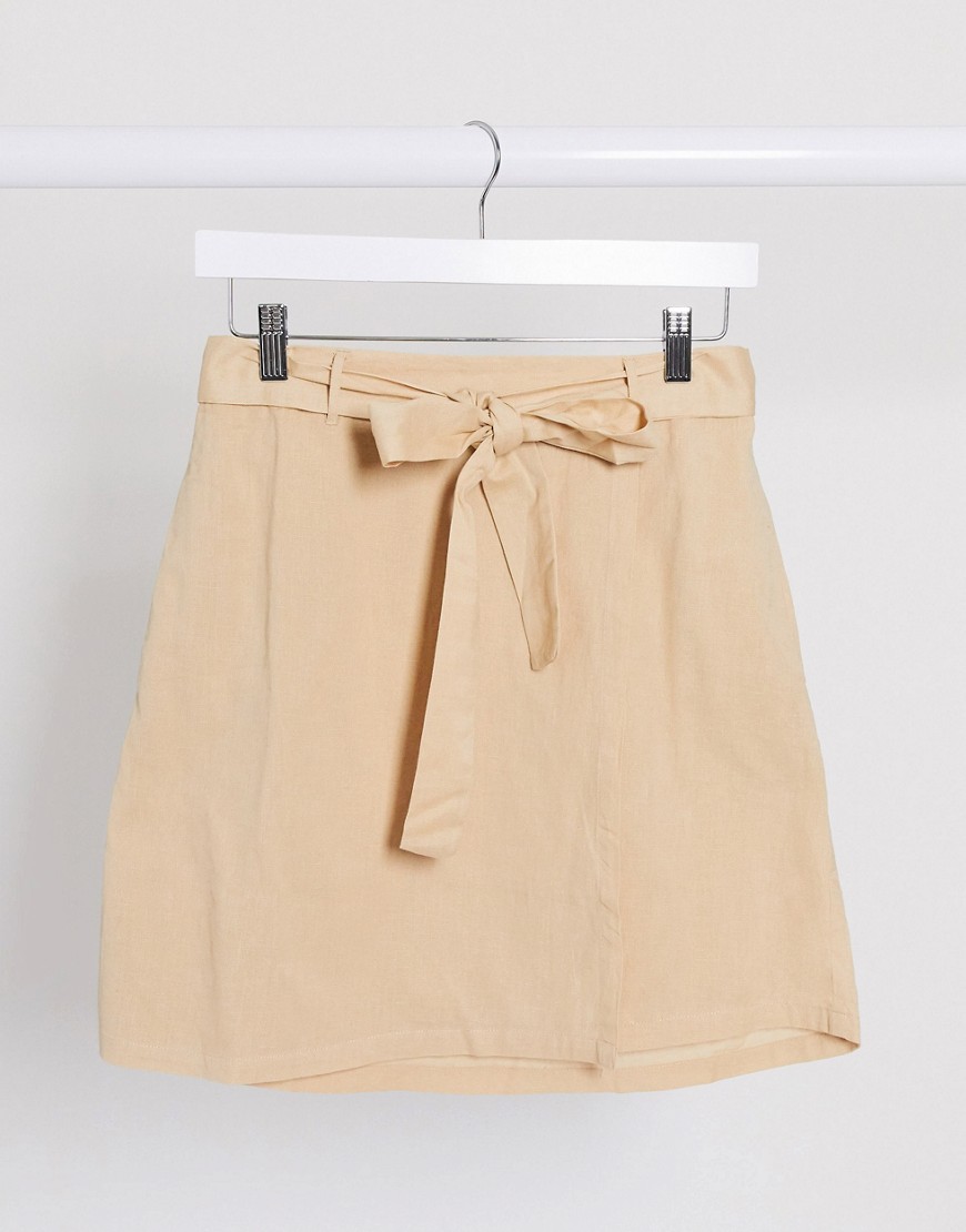 Pieces linen mix mini skirt with tie waist in sand-Neutral