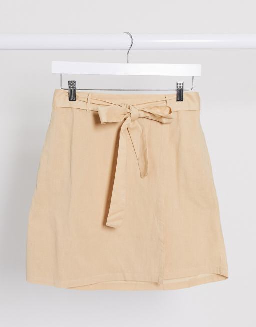 Pieces linen mix mini skirt with tie waist in sand