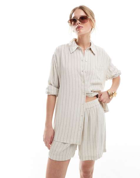 Pieces linen mix shirt in birch cream and black stripe - part of a set - view 1
