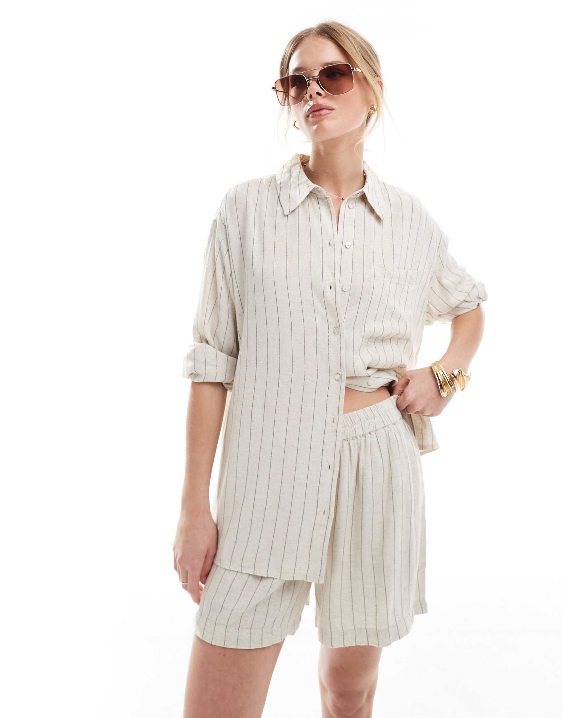 pieces linen mix shirt in birch cream and black stripe - part of a set
