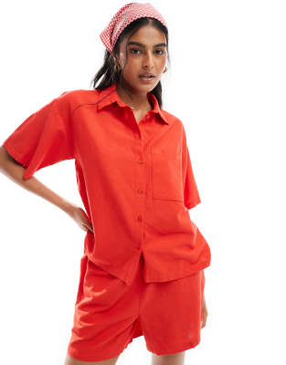 Pieces linen touch boxy shirt co-ord in poppy red