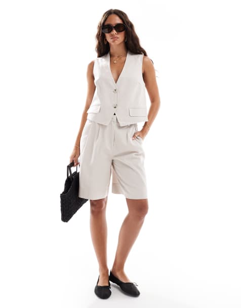 Pieces linen touch boxy vest and tailored longline shorts set in cream - view 1