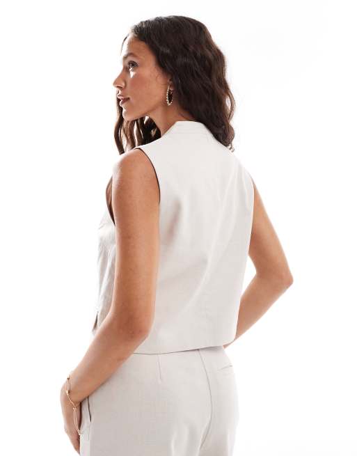 Pieces linen touch boxy waistcoat co-ord in cream, 3 of 4