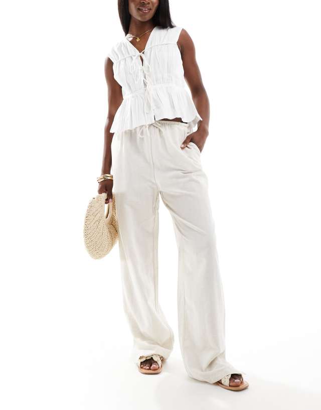 Pieces - linen touch drawstring waist wide leg trousers in cream