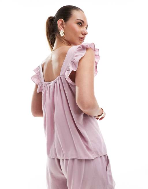 Pieces linen touch flutter sleeve cami top co-ord in dawn pink, 3 of 4