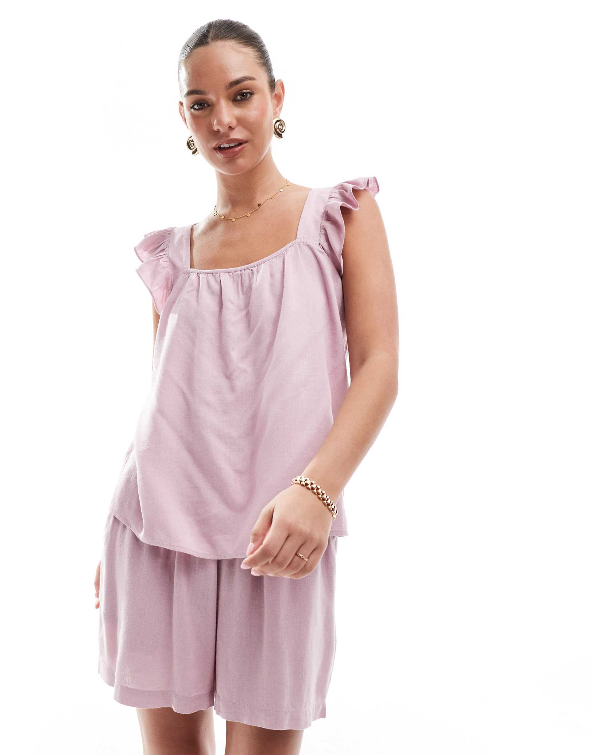 pieces linen touch flutter sleeve cami top in dawn pink - part of a set