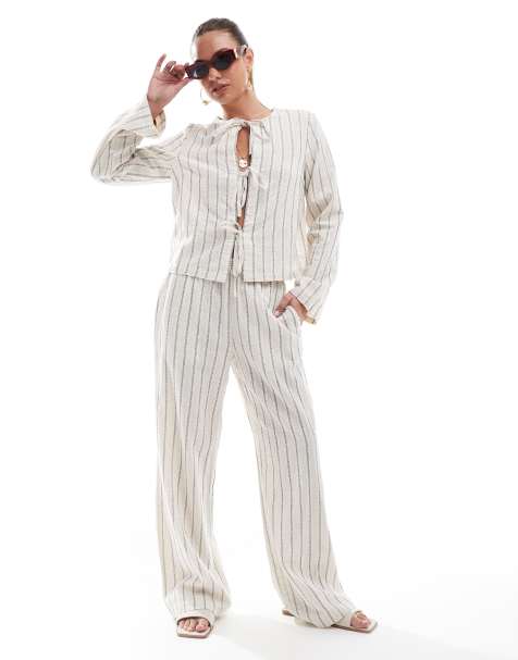 Pieces linen touch high waist wide leg trouser co-ord in birch cream and blue stripe