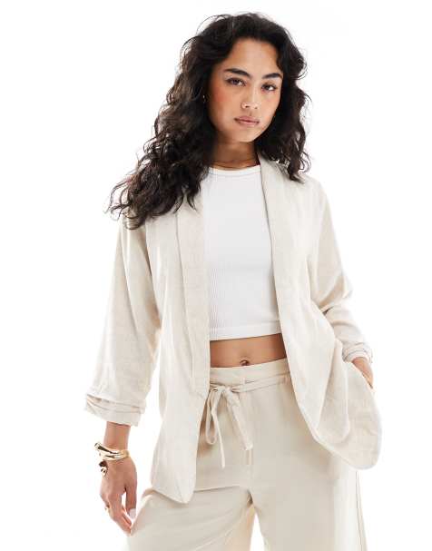 Pieces linen touch ruched sleeve blazer in birch - view 1
