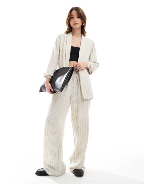 Pieces linen touch ruched sleeve blazer set in birch cream and black stripe - view 1