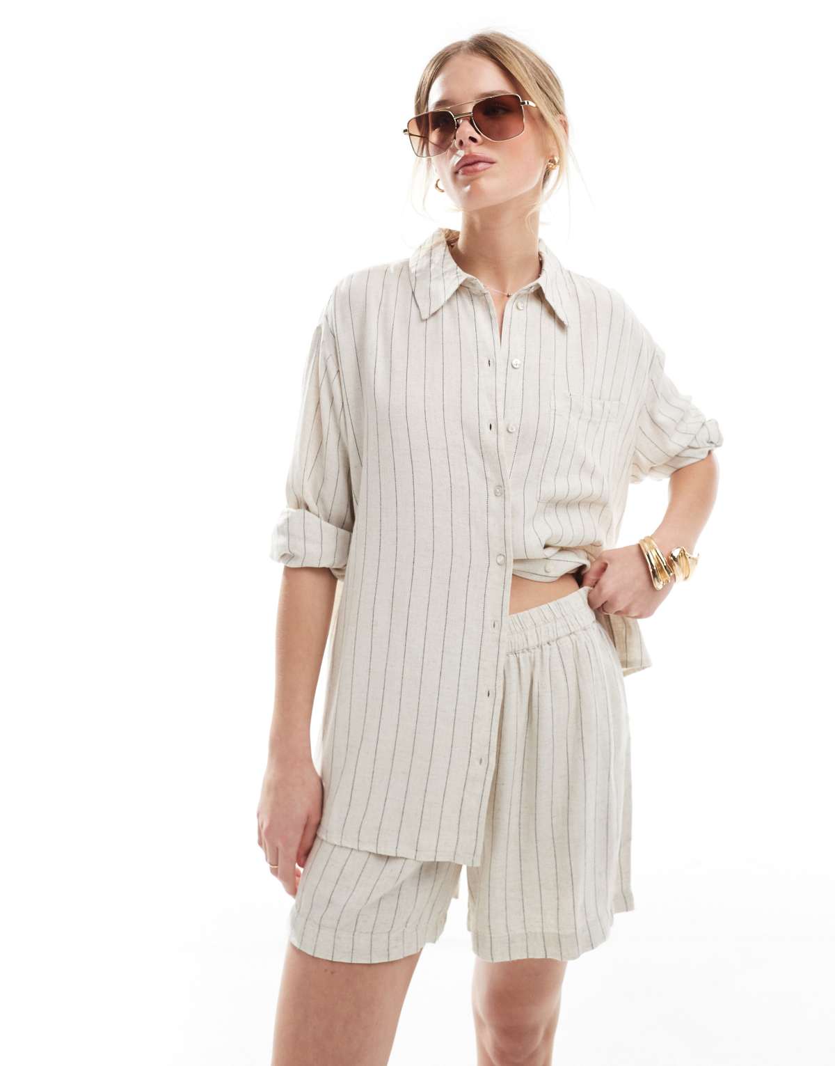 Pieces linen touch shirt co-ord in birch cream and black stripe