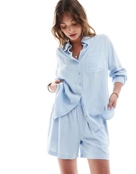 Pieces linen touch shirt in soft blue - part of a set - view 1