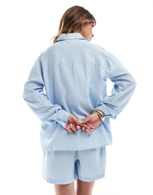 Pieces linen touch shirt in soft blue - part of a set