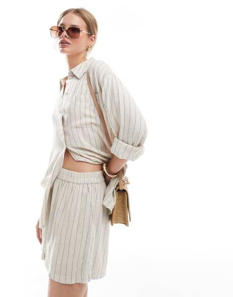 Pieces linen touch shorts in birch cream and black stripe - part of a set - view 1