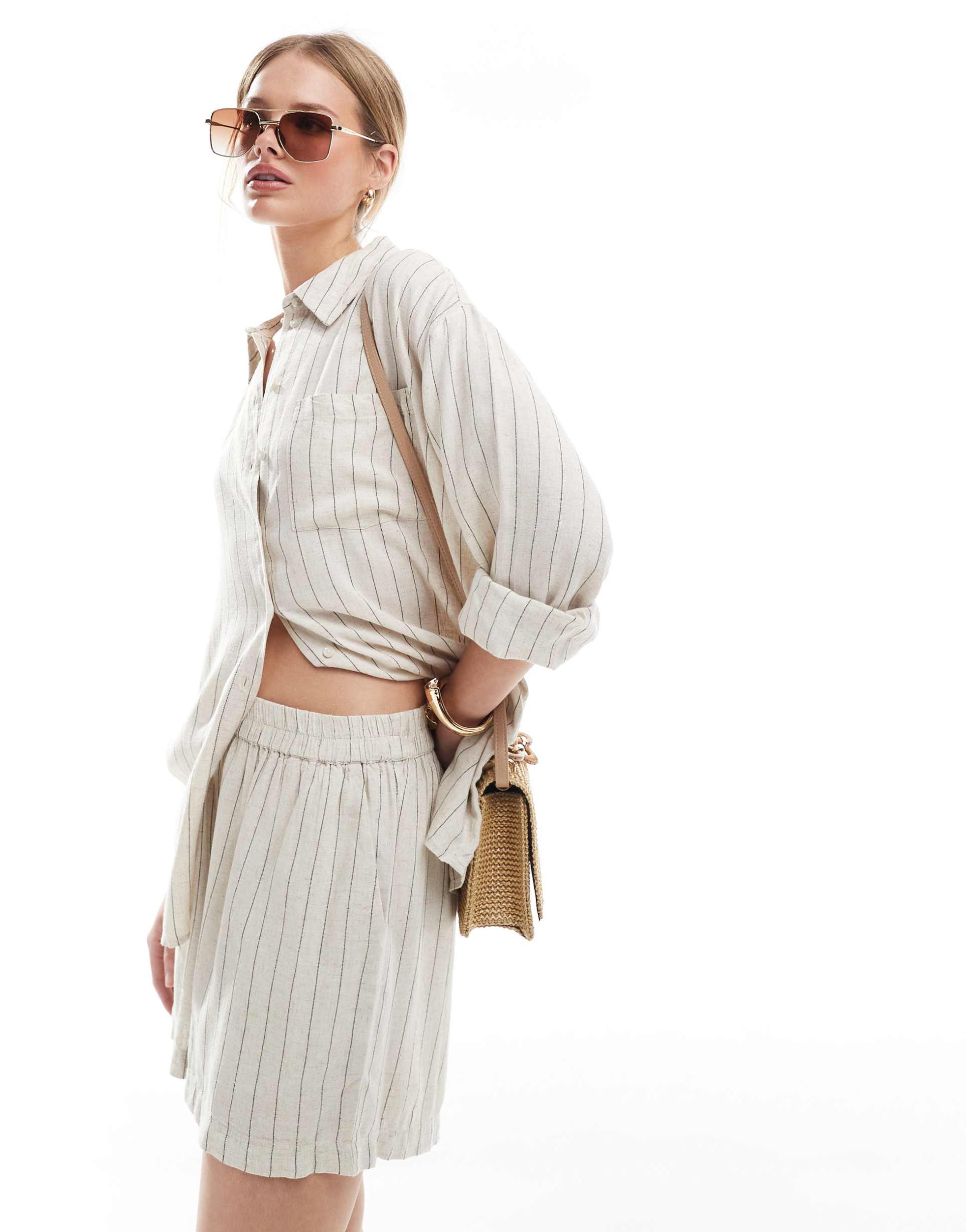 pieces linen touch shorts in birch cream and black stripe - part of a set