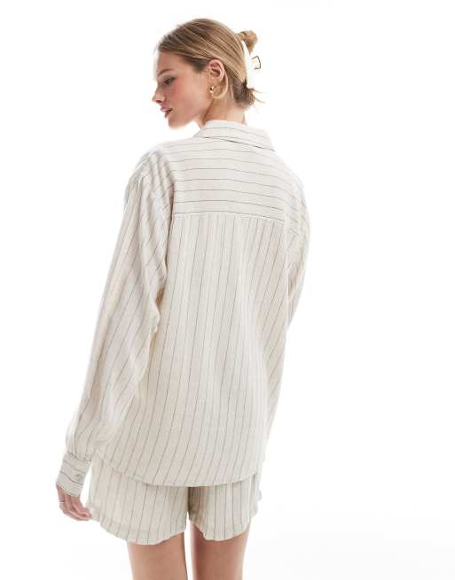 Pieces linen touch shorts in birch cream and black stripe - part of a set, 4 of 5