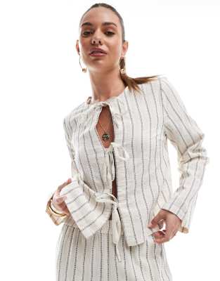 Pieces Pieces linen touch tie front blouse co-ord in birch cream and blue stripe