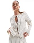 [Pieces] Pieces linen touch tie front blouse in birch cream and blue stripe (part of a set) S Ombre blue