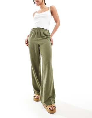 Pieces Linen Touch Wide Leg Pants In Khaki-green