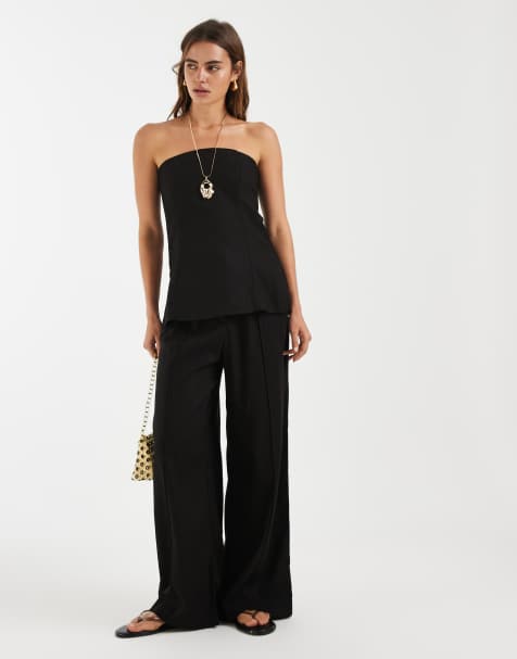 Pieces linen-touch wide leg pleat front pants in black (part of a set) - view 1