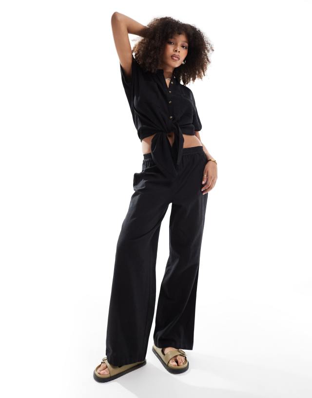 Pieces - linen touch wide leg trouser co-ord in black