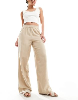 Pieces linen touch wide leg trousers in camel