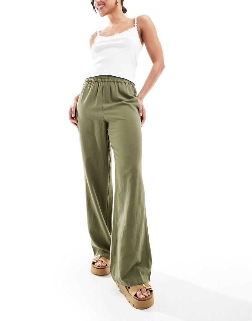 Pieces linen touch wide leg trousers in khaki-Green