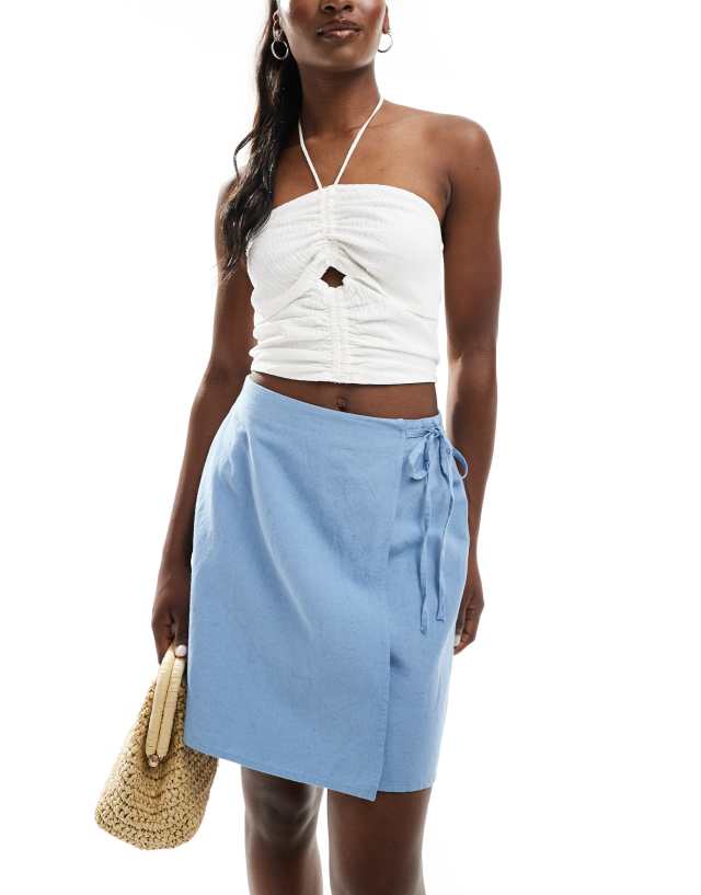 Pieces - linen touch wrap front mini skirt in blue