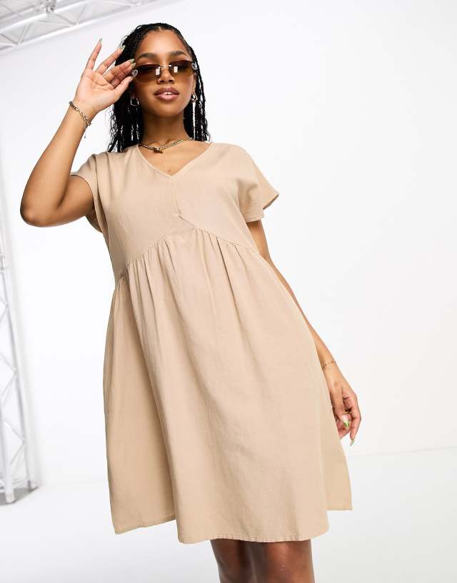 Pieces - linen v-neck mini dress in beige