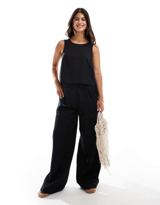 Pieces linen wide leg pants in black (part of a set)