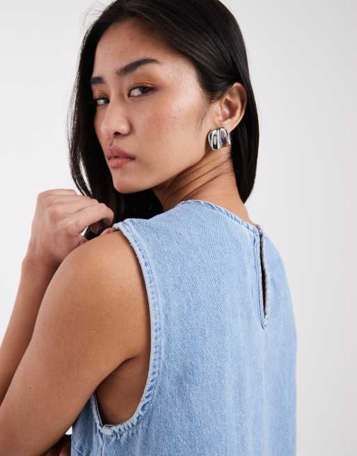 Pieces – Ljusblå, ärmlös miniklänning i denim, 3 av 4