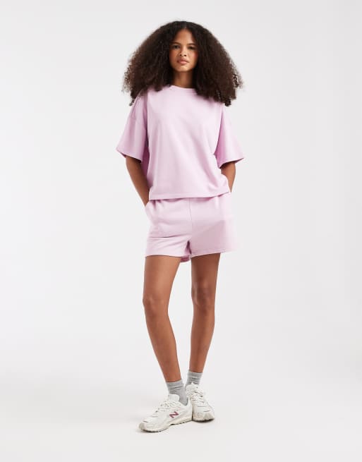 Pieces – Ljusrosa t-shirt i sweatshirttyg med boxig passform, del av set, 2 av 4
