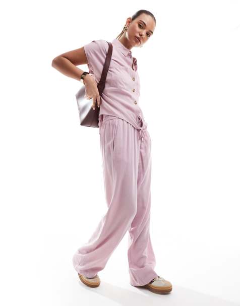 Pieces wide leg linen blend trousers co-ord in pink