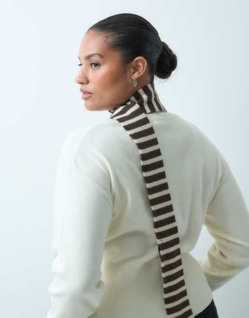 Pieces long skinny knitted scarf in brown and cream stripe, 3 of 3