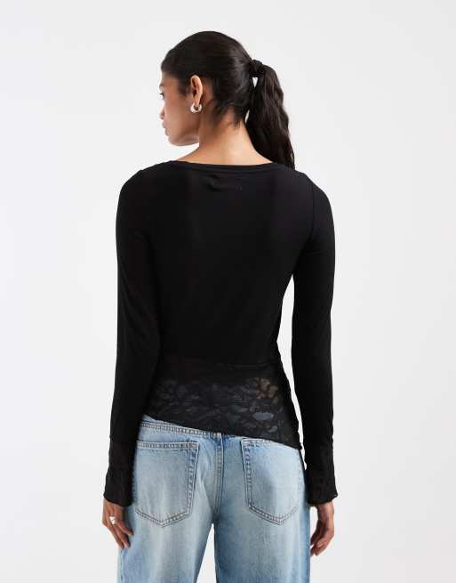 Pieces long sleeve asymmetric lace top with cuff details in black, 4 of 4