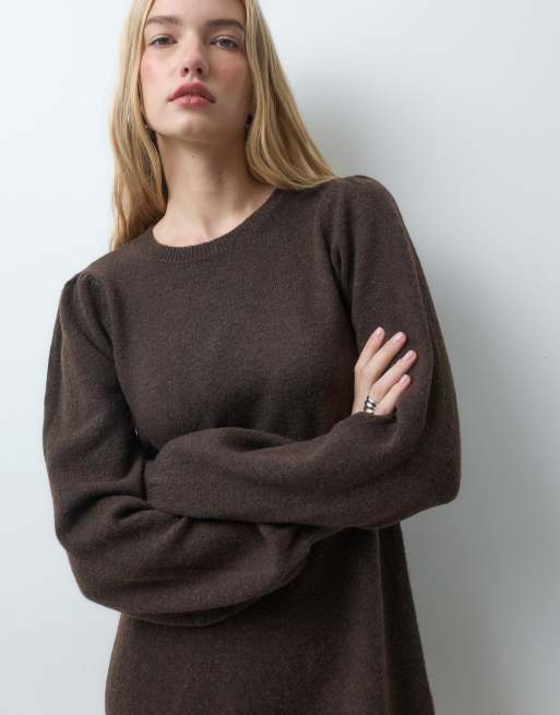 Pieces long sleeve balloon cuff knitted mini dress in chocolate brown, 3 of 4