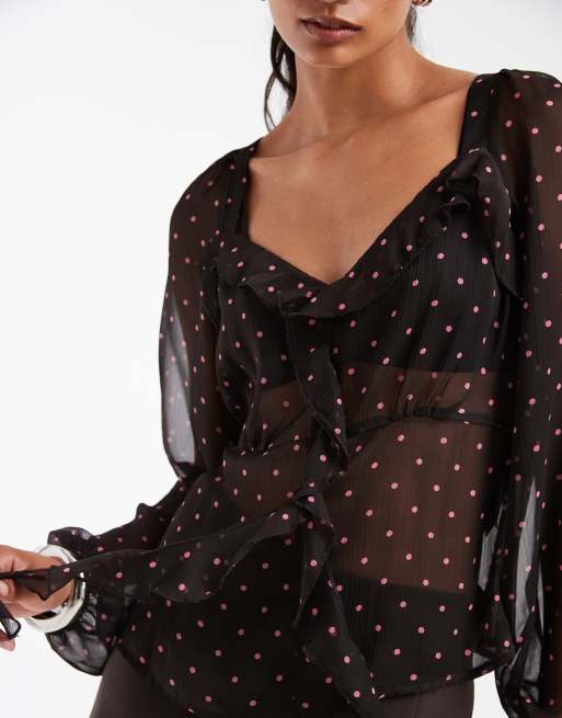 Pieces long sleeve chiffon ruffle blouse in brown polka dot, 3 of 4