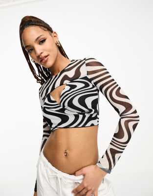 Pieces Long Sleeve Cut Out Top In Black And White Swirl Print