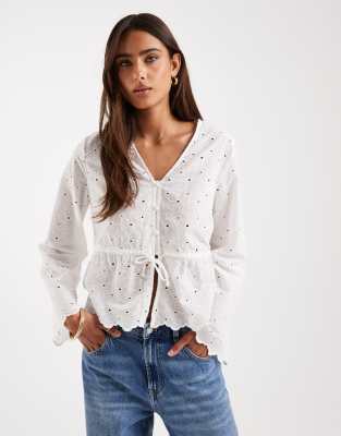 Pieces Long Sleeve Embroidered Blouse With Waist Detail In White