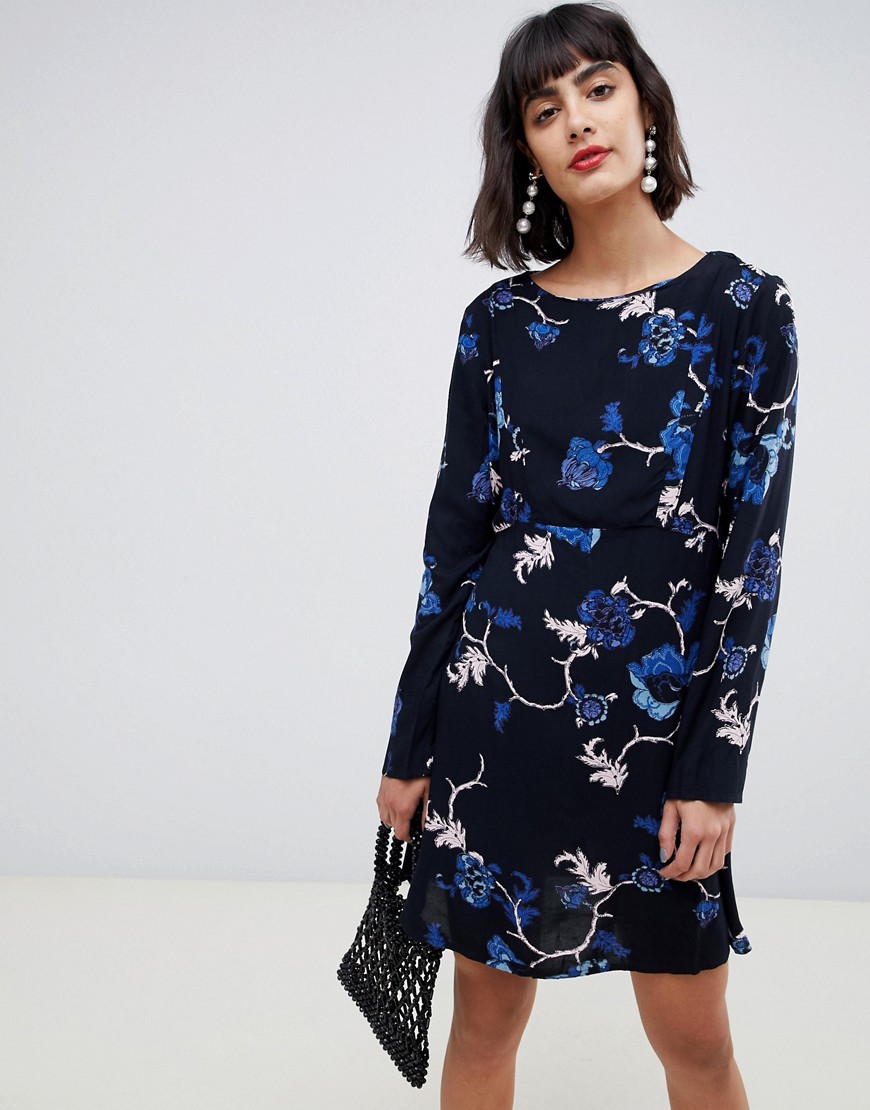 Pieces long sleeve floral printed mini dress in black-Multi