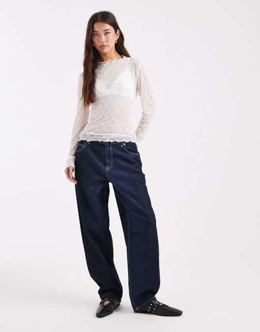 Pieces long sleeve high neck textured top in white, 2 of 4