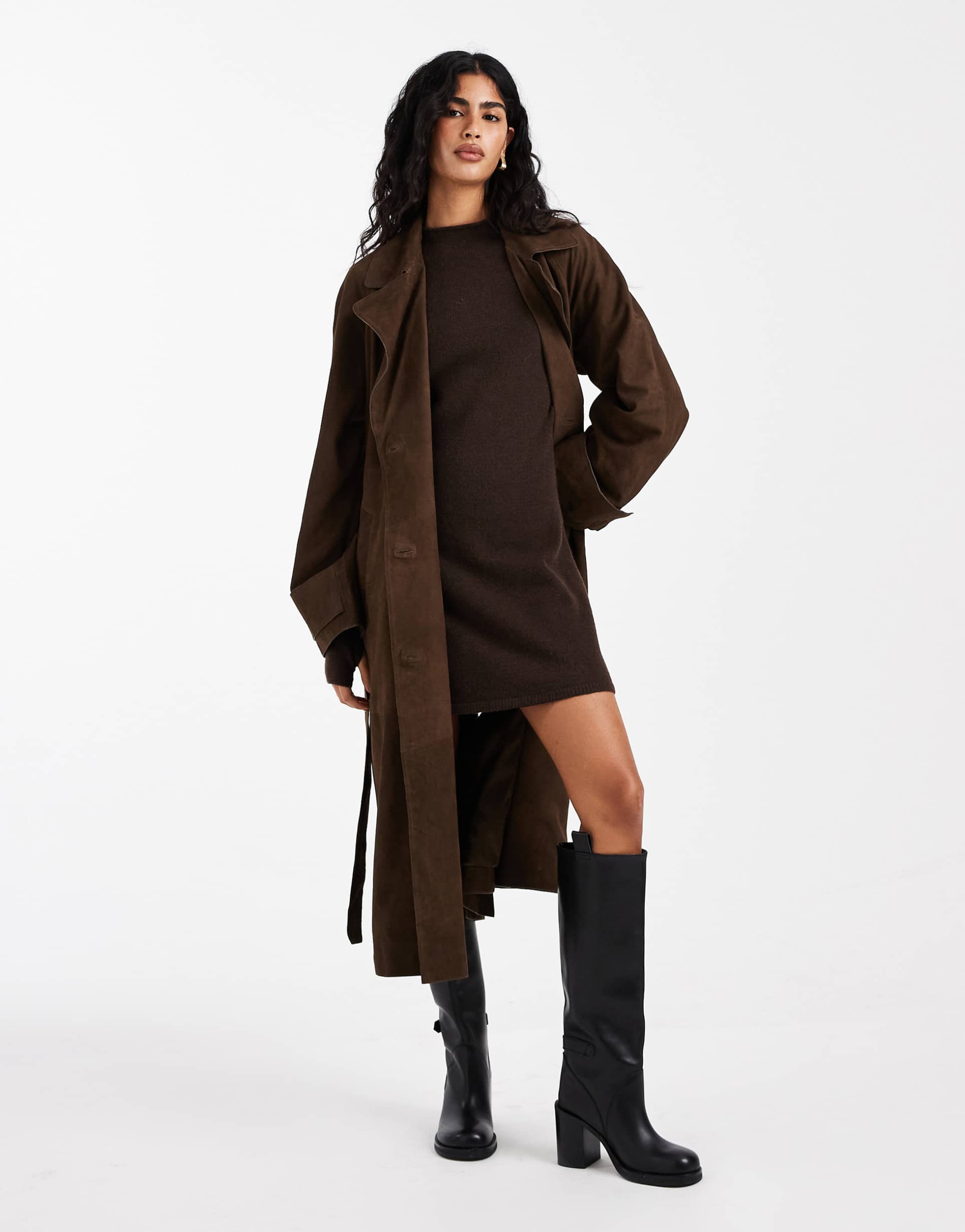 pieces long sleeve knit mini dress in chocolate brown