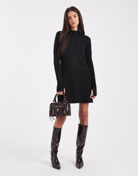 Pieces long sleeve knitted mini dress in black