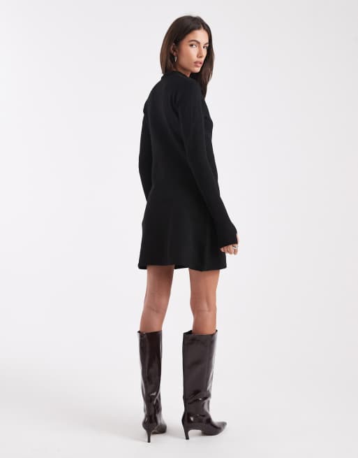 Pieces long sleeve knitted mini dress in black, 3 of 4