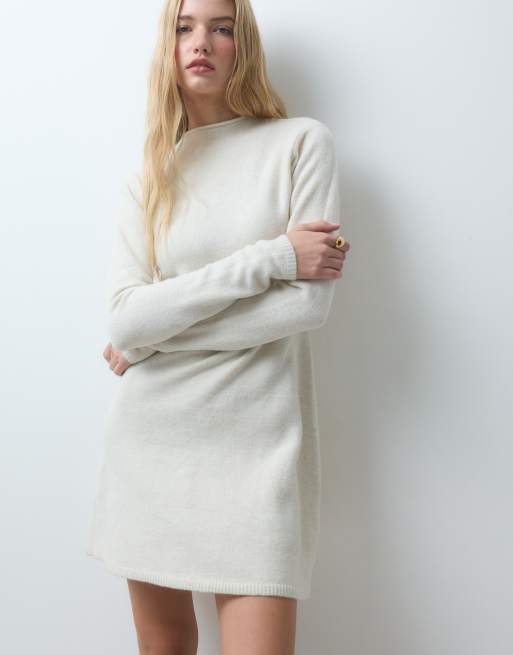 Pieces long sleeve knitted mini dress in cream, 2 of 4