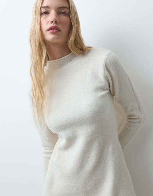 Pieces long sleeve knitted mini dress in cream, 4 of 4
