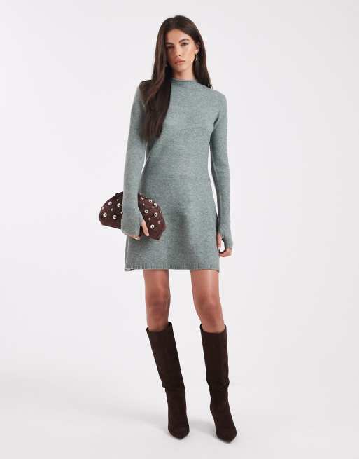 Pieces long sleeve knitted mini dress in grey melange, 2 of 4